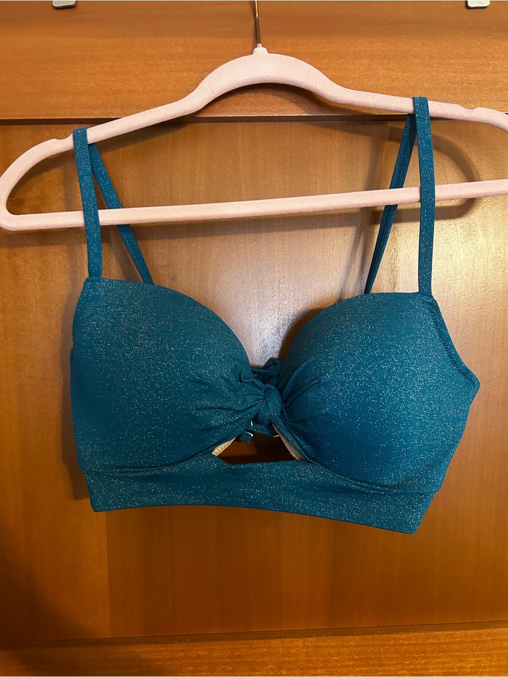 Shade & Shore Teal Sparkle Knot-Front Bikini Top & Bottoms set